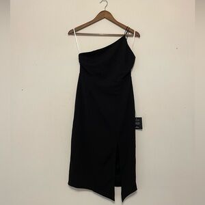 Lulu's Happiest Hour Black Asymmetrical one Shoulder Bodycon Midi Dress MEDIUM